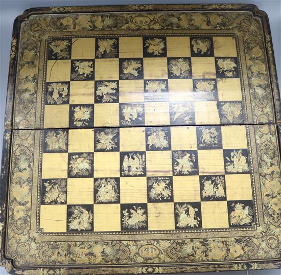An ebonised folding chess board, possibly 19th century unfolded 56 x 56.5cm